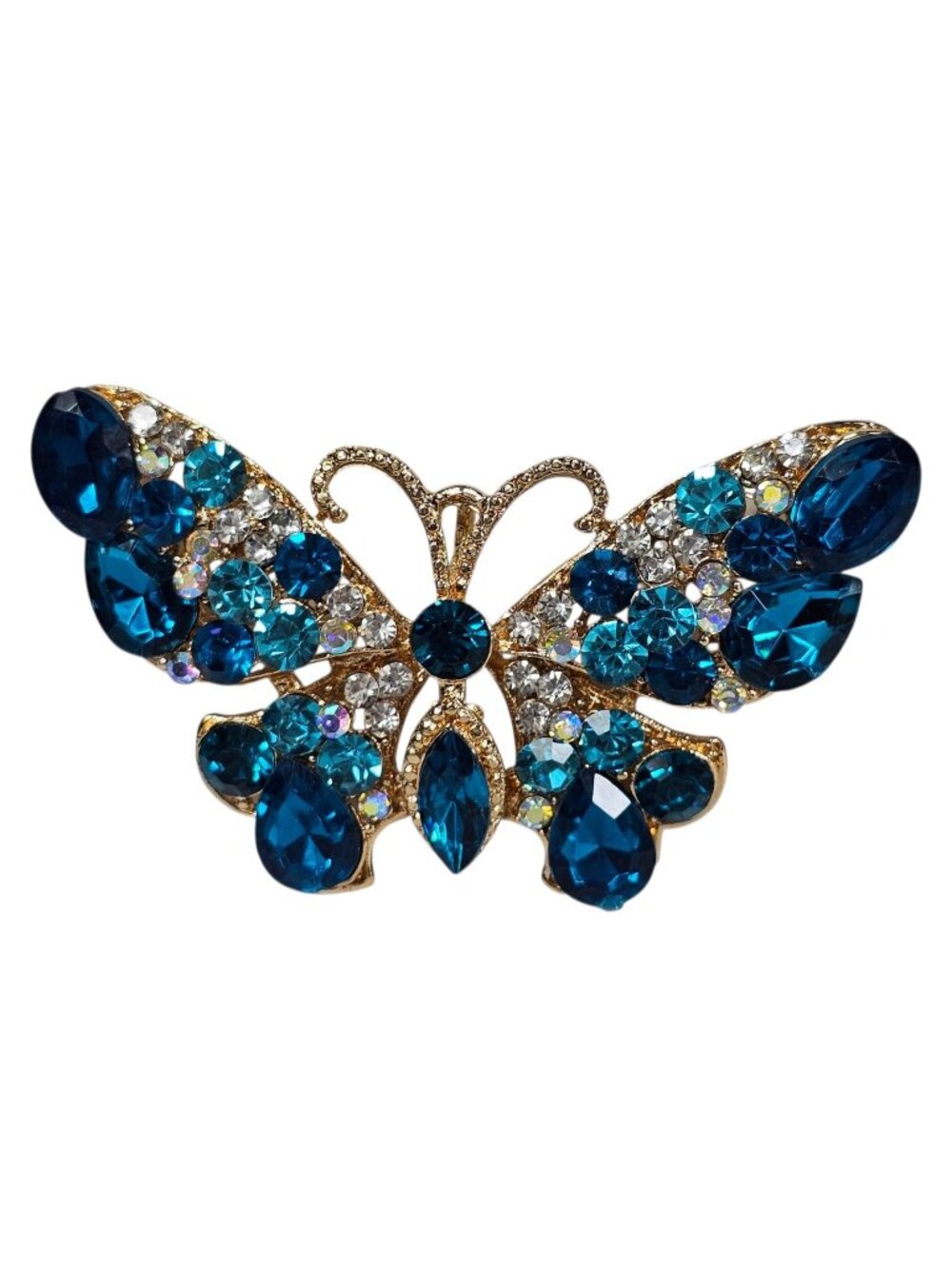 Blue Rhinestone Butterfly Brooch Pin Gold Tone Costume Jewelry VTG - Picture 1 of 5